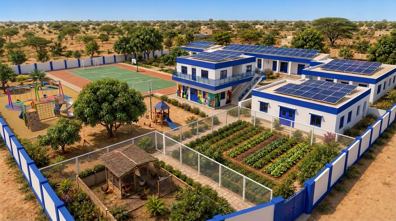 Vue 3D du futur centre d'accueil de l'association La Joie des Enfants à Mbour : dortoirs, salles de classe, terrain de sport, poulailler aménagé et potager clôturé pour les enfants accueillis